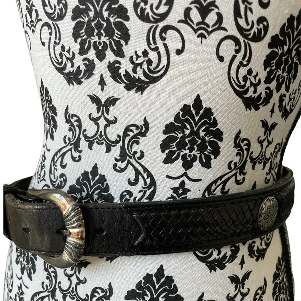 Vintage Black Braided Conch Inlay Leather Belt size Medium